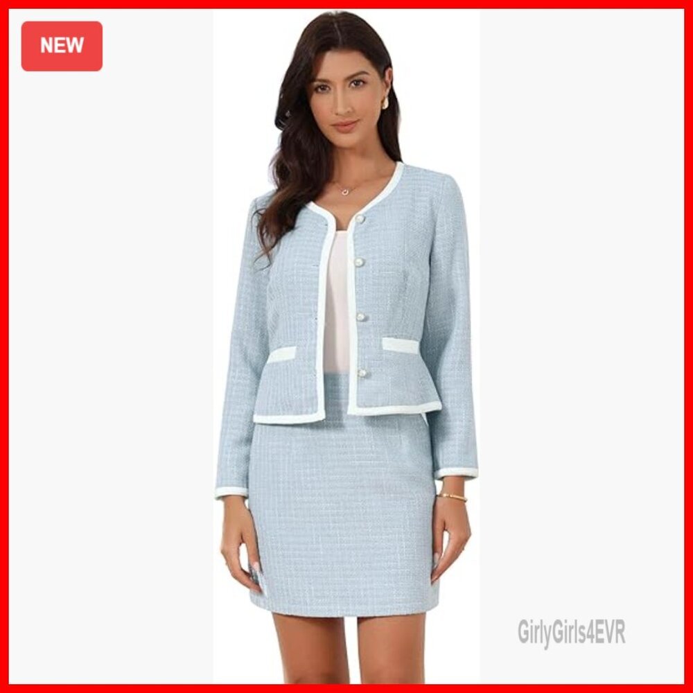 Plaid Tweed Blazer Skirt Suit Set, 2-Piece Business Outfit, Polyester
